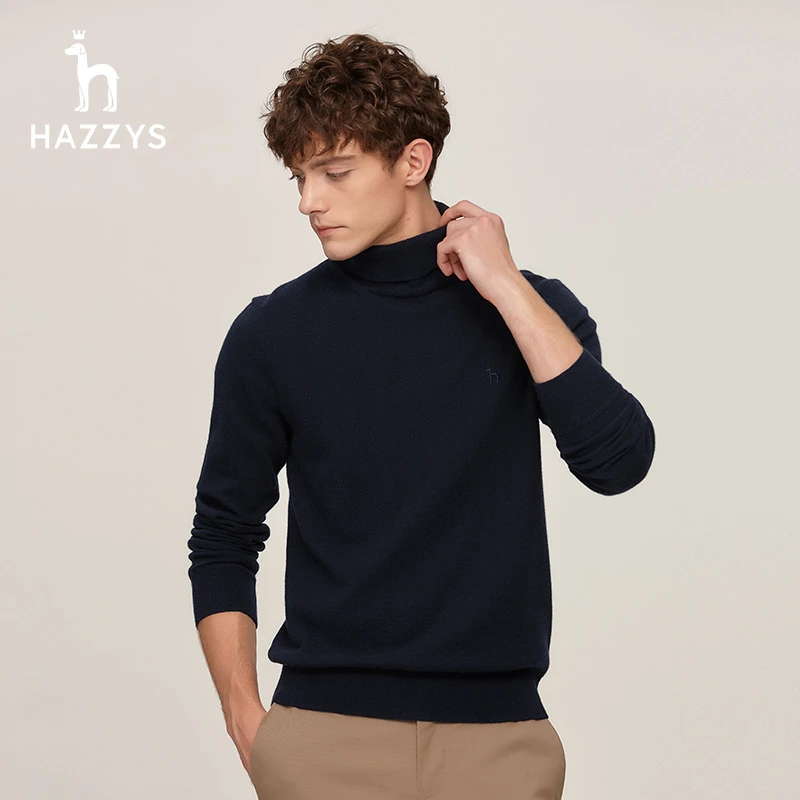 Hazzys哈吉斯秋冬男士长袖高领纯色加厚羊绒衫舒适柔软毛衣针织男