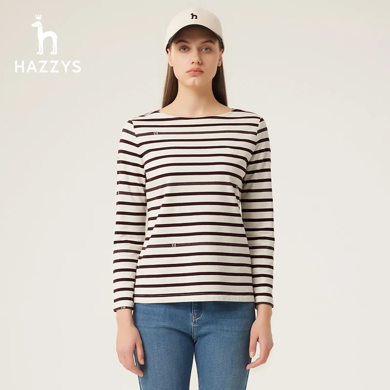 Hazzys哈吉斯长袖条纹撞色圆领T恤女春秋季新款宽松休闲套头上衣