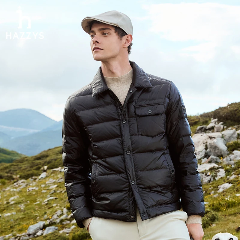 Hazzys哈吉斯冬男士蓬松轻薄款衬衫式羽绒服休闲上衣外套好羽绒