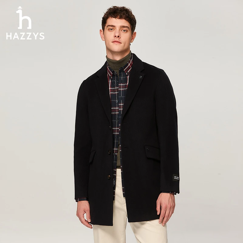 Hazzys哈吉斯秋冬季男士时尚休闲毛呢子外套中长款商务绵羊毛大衣