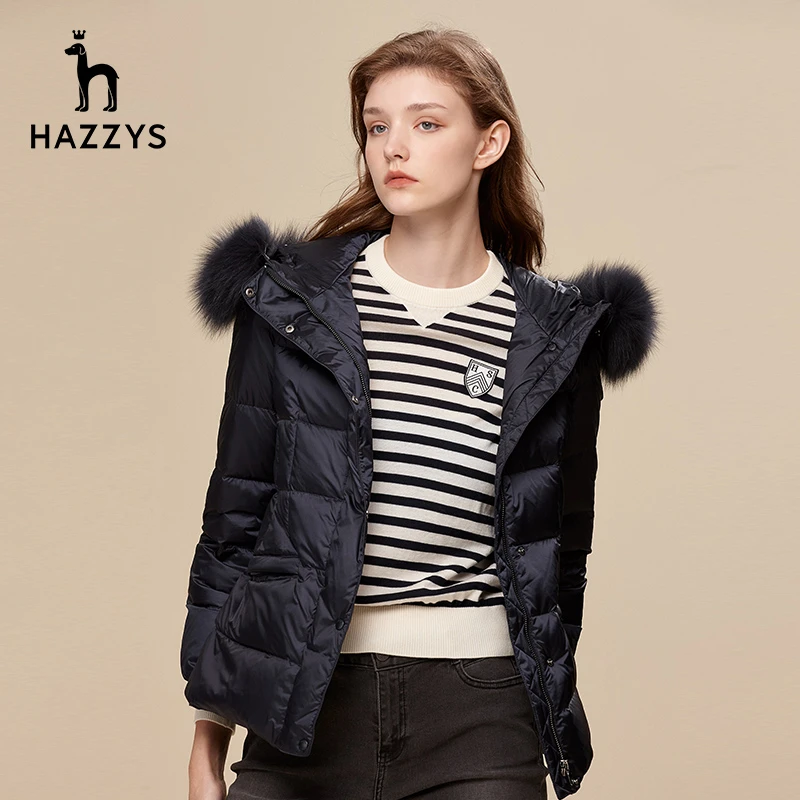 Hazzys/哈吉斯秋冬女士时尚百搭连帽鸭绒连帽羽绒服短款显瘦