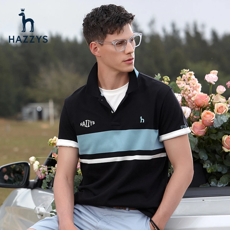 Hazzys哈吉斯夏季新款条纹商务翻领短袖POLO衫 男士休闲T恤上衣潮