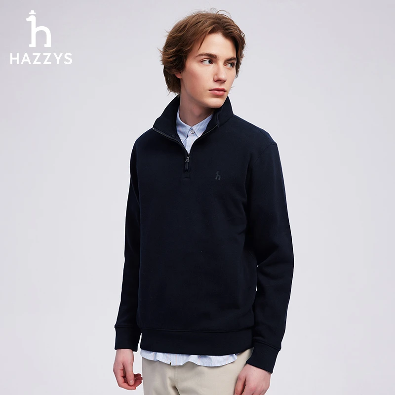 Hazzys哈吉斯秋冬季男士时尚休闲长袖T恤百搭宽松立领半开襟卫衣