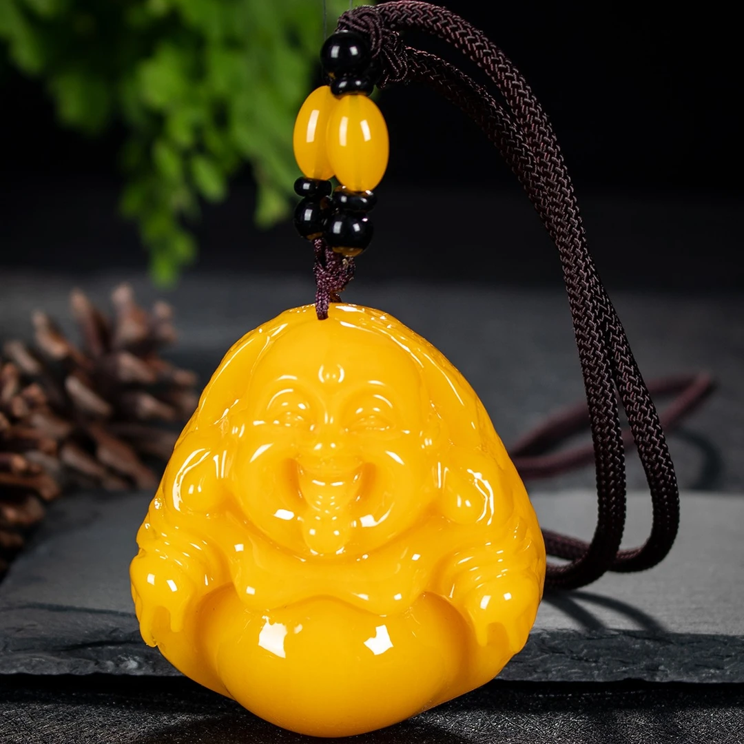 D048笑口常开原皮大佛公毛项链鸡油黄百搭毛衣链饰品