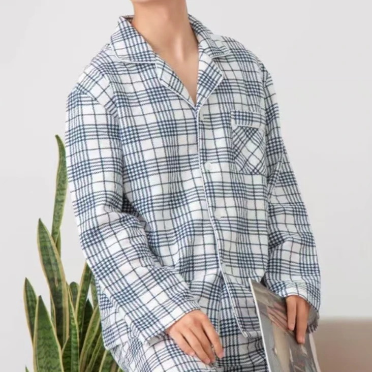 男款秋冬夹棉空气层长袖睡衣套装格子