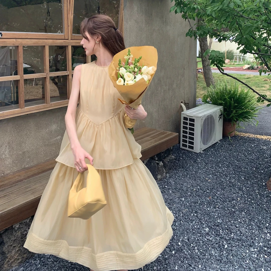 SourceWithU未闻花名 无袖法式气质双层裙温柔通勤韩系长款连衣裙
