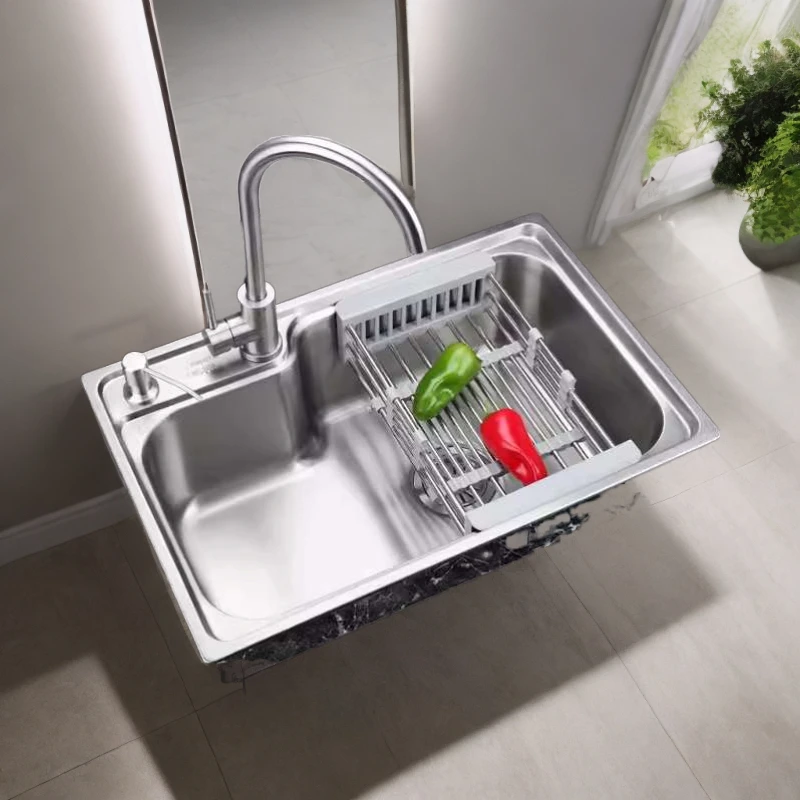 凯迪洛加厚304不锈钢拉伸大单槽洗碗池厨房水槽洗菜盆含水龙头