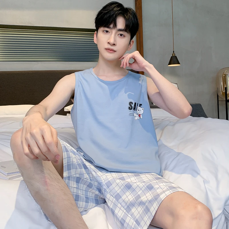 睡衣男款夏季卡通薄款无袖背心短裤2024新款纯棉学生可外穿家居服