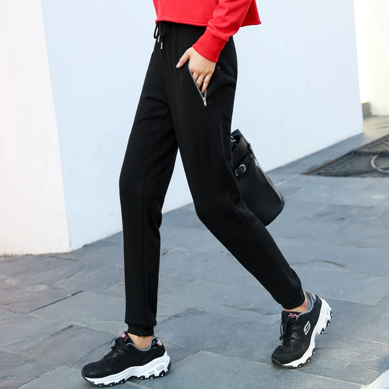 黑色运动裤女春秋高腰显瘦大码小个子宽松束脚拉链口袋休闲裤卫裤