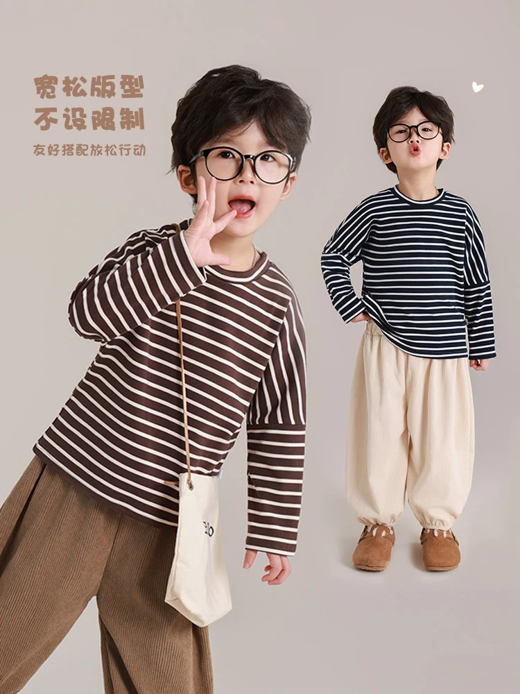 时尚韩版条纹百搭上衣男女童宽松休闲儿童打底卫衣长袖秋冬洋气衣