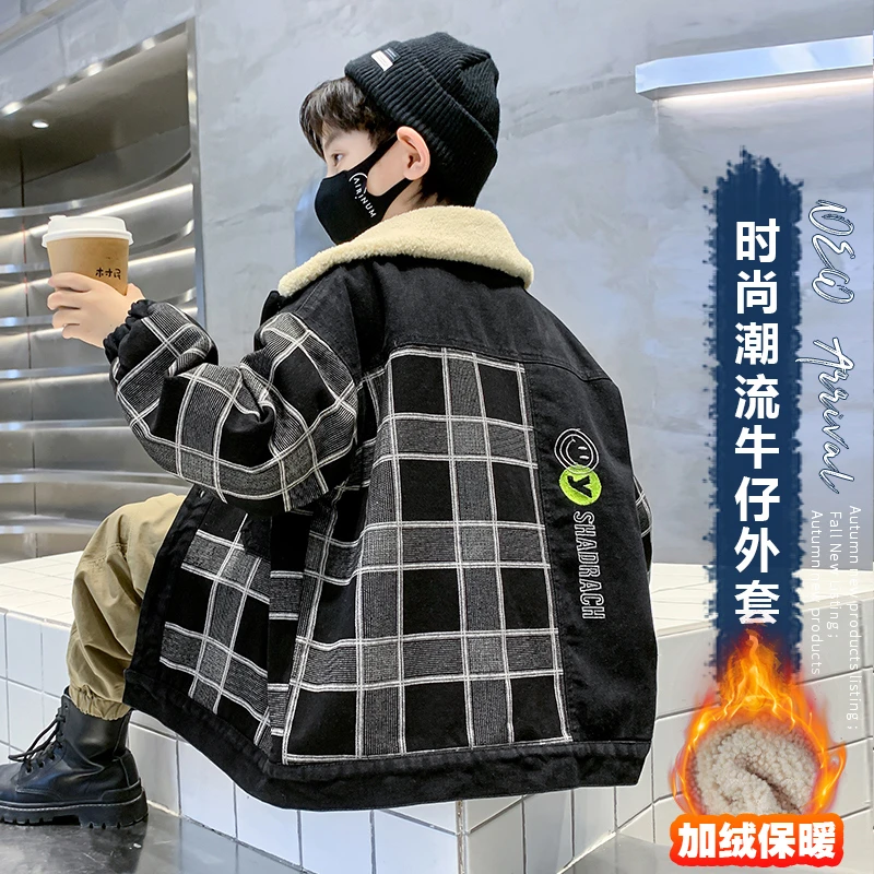 男童加绒牛仔外套秋冬款儿童中大童冬季加厚羊羔绒上衣帅气时髦潮