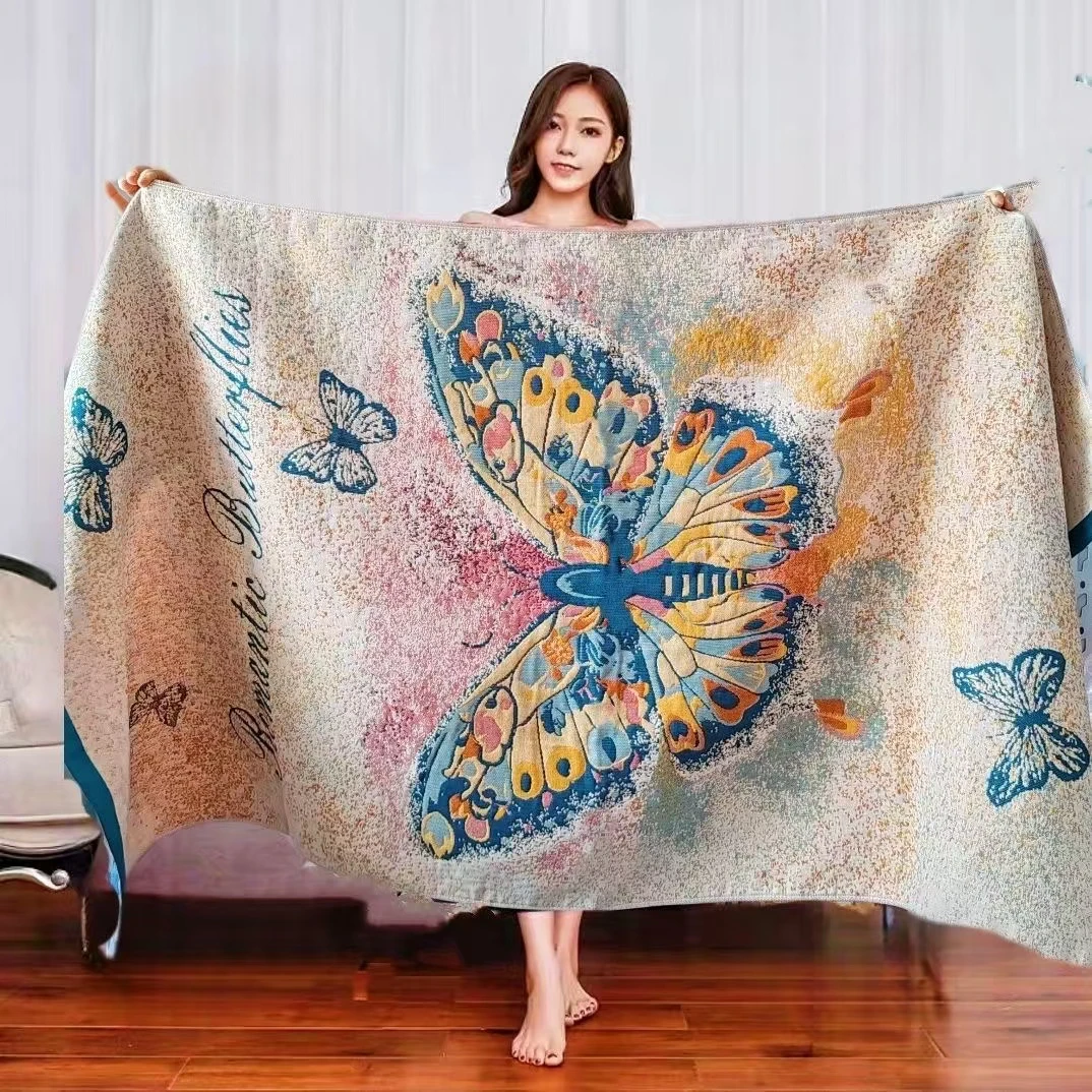 蝴蝶纱布浴巾吸水棉成人不掉毛长款裹浴巾YY