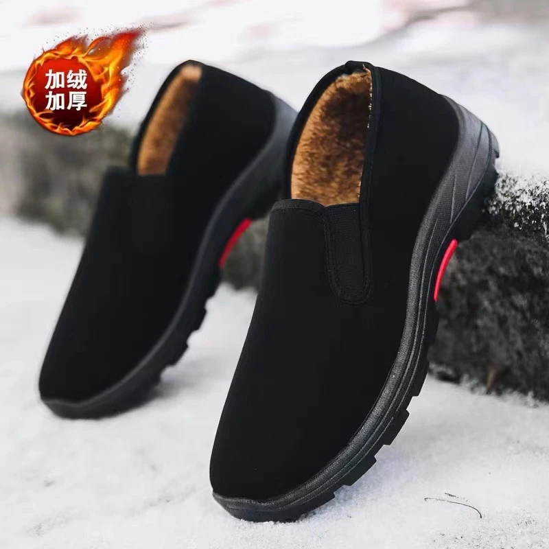 冬季一脚蹬老北京布鞋加绒舒适男士鞋厚底防滑耐磨工作鞋老人棉鞋