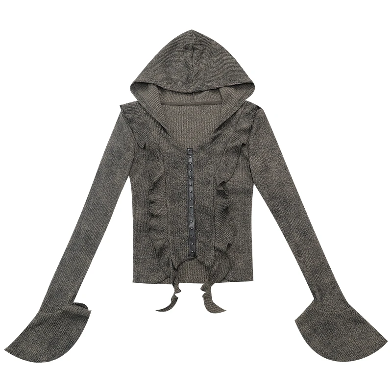 ABWEAR 茶靡花事-原创废土连帽毛针织衫女2024新款荷叶边修身上衣