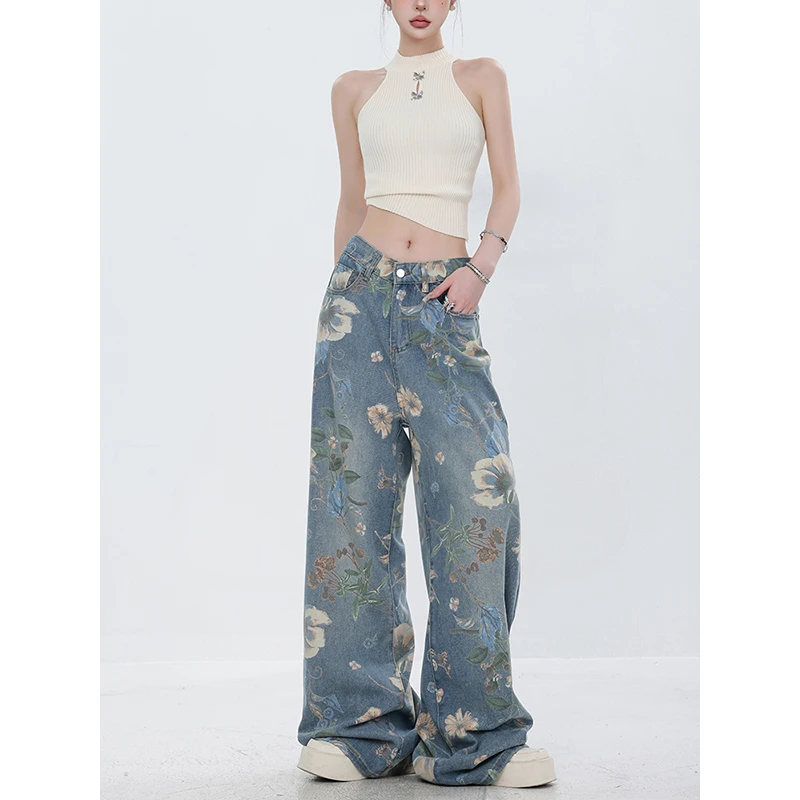 ABWEAR原创夏季新款美式复古印花阔腿牛仔裤女小众设计直筒拖地裤