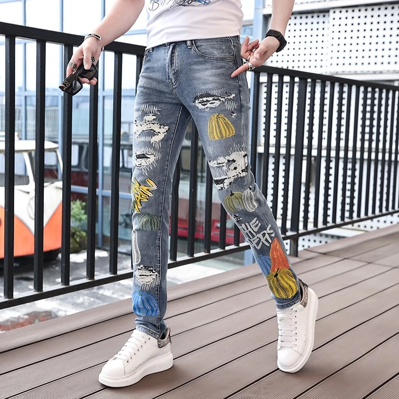 男士夏季新款百搭弹力潮流牛仔裤个性彩绘数码印花水洗时尚长裤男