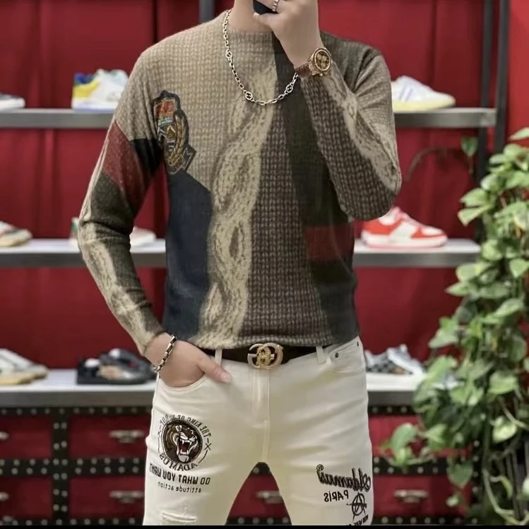 男士冬季新款轻奢欧货时尚印花针织衫加厚保暖修身弹力毛衣打底衫