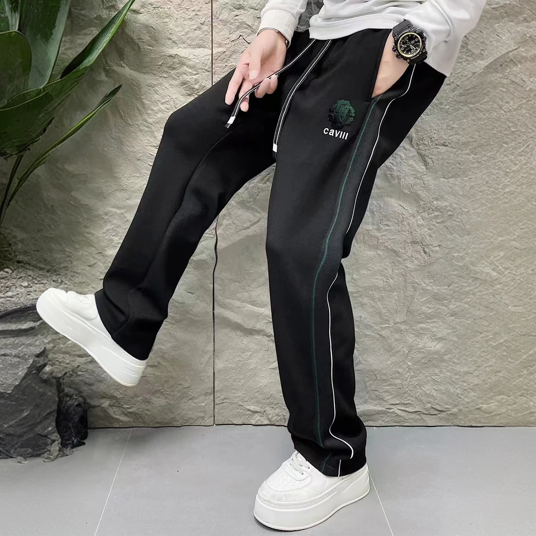男士2024秋冬新款直筒裤高品质织带拼接字母刺绣百搭阔腿休闲裤男