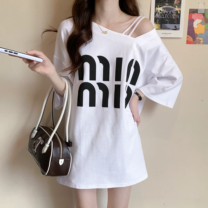 宽松慵懒风短袖T恤女夏2024新款韩版设计感字母印花纯棉半袖上衣