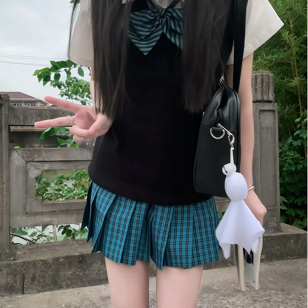 jk制服原创格裙【沧澜】女百褶裙短裙显白藏青小格