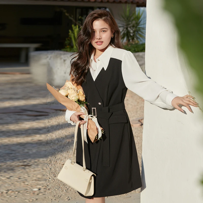 【复古气质拼色】W纤莉秀大码女装高腰显瘦翻领连衣裙QH5703