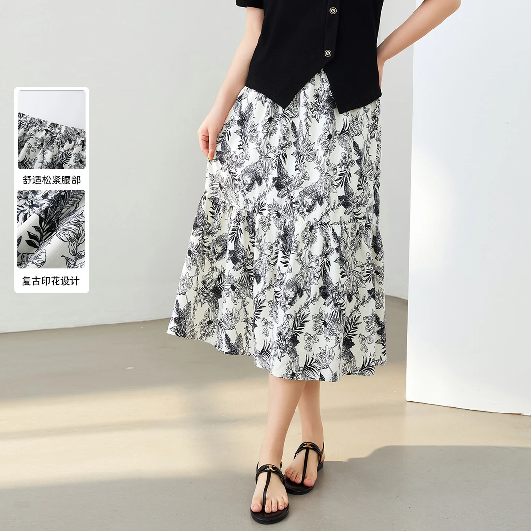 【墨笔生花】纤莉秀W大码女装水墨风慵懒度假垂感半身裙QJ1311
