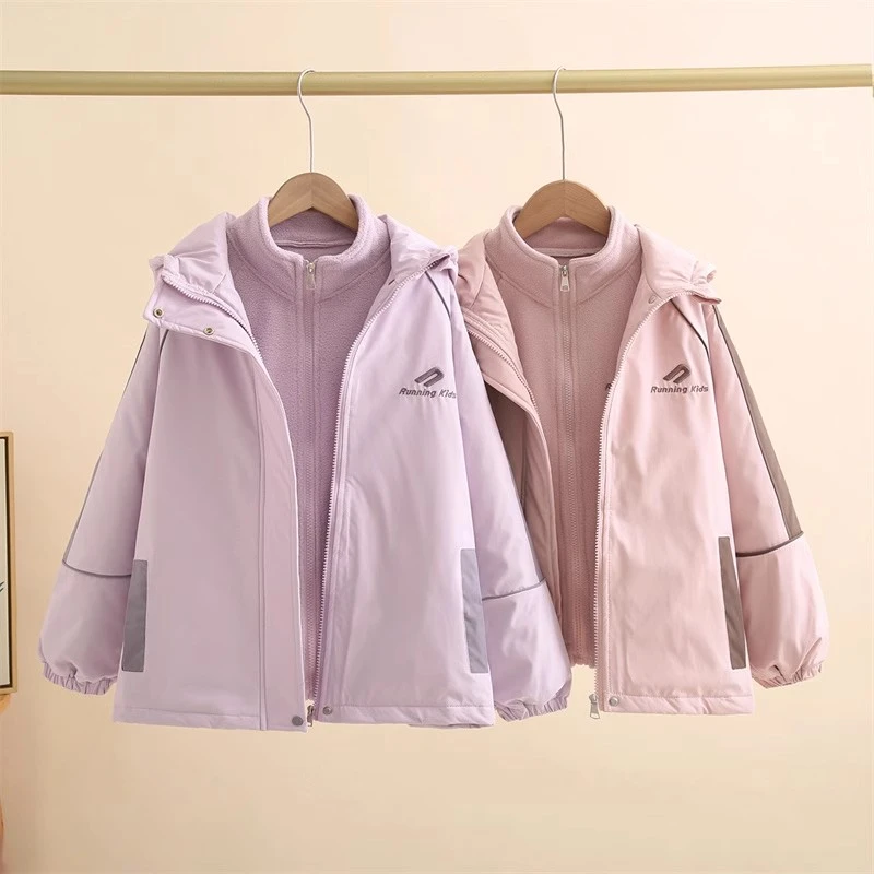 外套夹棉加厚防风三合一冲锋衣春秋儿童连帽洋气休闲女童加厚外套