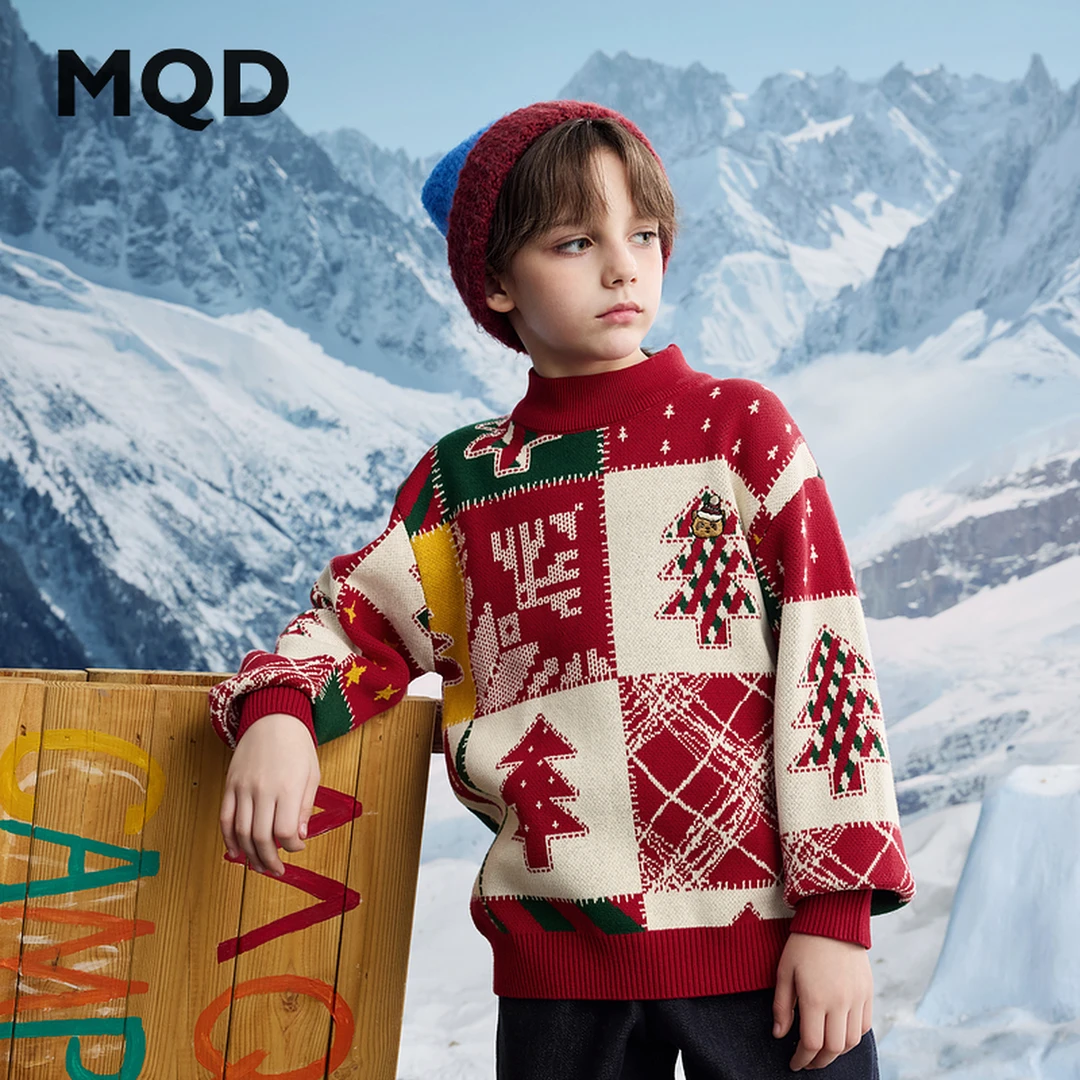 MQD童装冬季新品男大童新年圣诞氛围半高领毛衣9644W0778