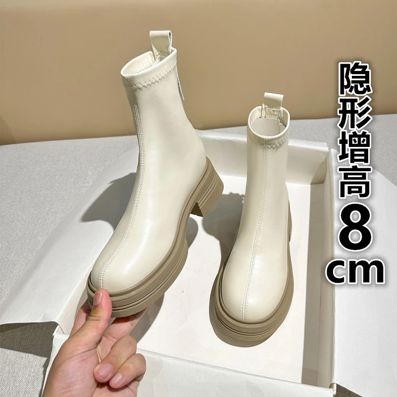 真皮马丁靴女2023新款英伦圆头百搭厚底短筒靴子秋冬季白色瘦瘦靴