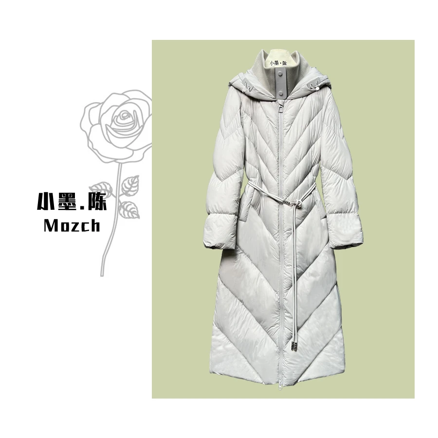 【小黑家】116高端连帽螺纹立领收腰显瘦泡芙保暖长款百搭羽绒服