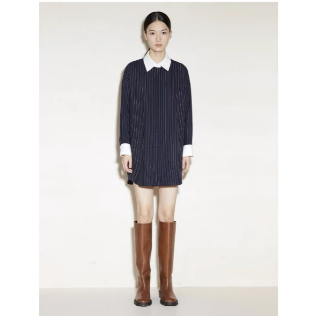 【小黑家】长74高端精纺羊毛撞色拼接竖条纹帅气休闲宽松衬衫连衣裙