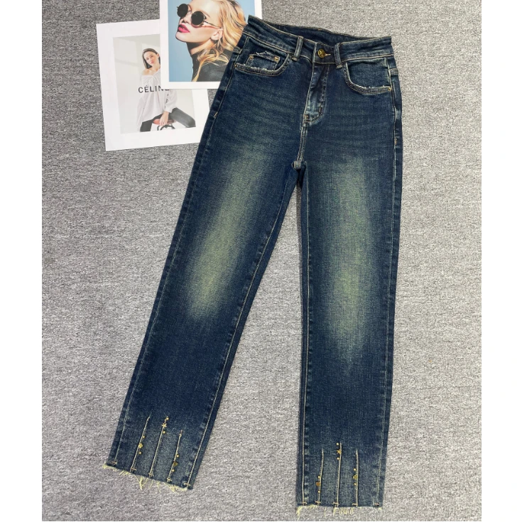 【小黑家】89高端复古水洗烟管裤脚口重工钉珠显瘦法棍牛仔裤K19