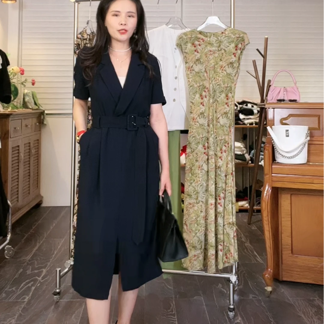 【小黑家】长108高端干练气质通勤OL西装领开叉显瘦遮肉连衣裙A59