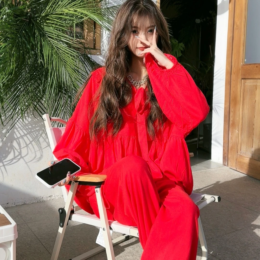 时尚薄款棉绸休闲流行韩版显瘦春夏大码花朵领红色套装睡衣气质