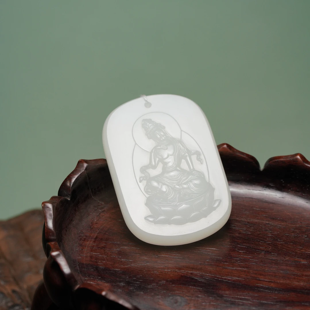 新疆和田玉老熟料大势至佛牌白玉牌手工双面雕刻【苏然大师作品】