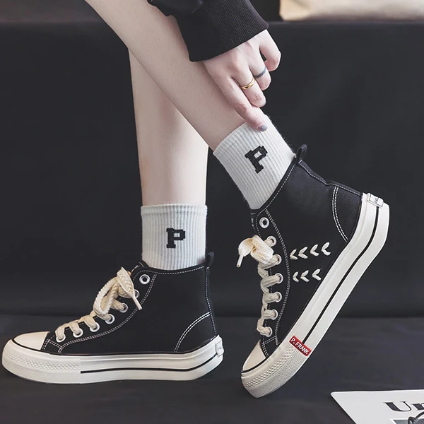 大嘴猴高帮帆布鞋女鞋麦穗刺绣款春夏2024新款百搭帆布鞋运动鞋