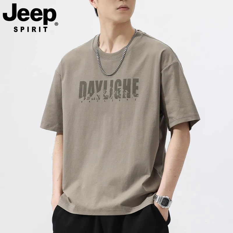 Jeep吉普夏季短袖t恤男士字母印花圆领宽松运动休闲半袖大码上衣k