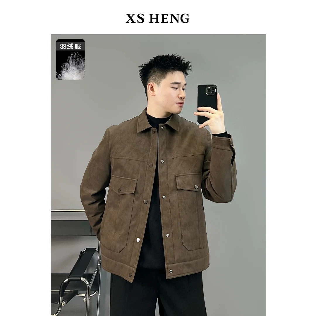 冬季白鸭绒时尚短款pu皮羽绒服男潮流修身青年翻领羽绒皮夹克外套