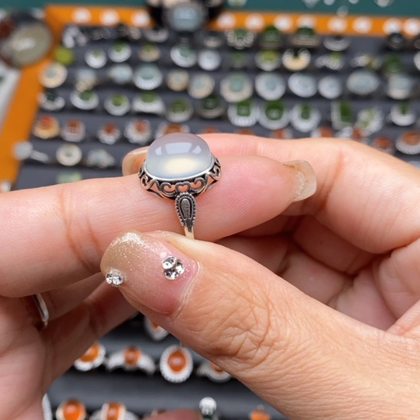 【闪购商品】岫玉戒指银S925镶嵌老***然