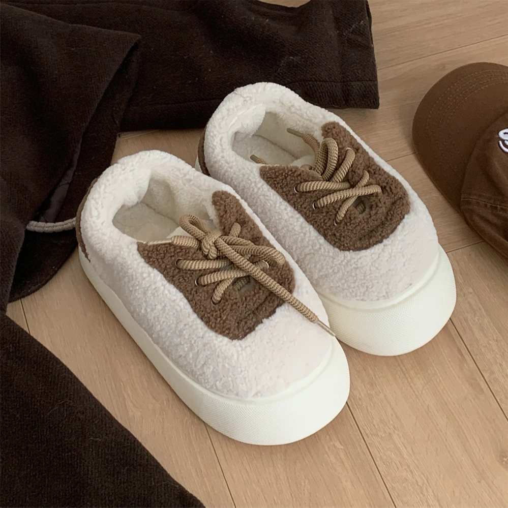 拼色系带羊羔毛面包鞋女百搭休闲防滑冬季学生外穿运动风厚底板鞋