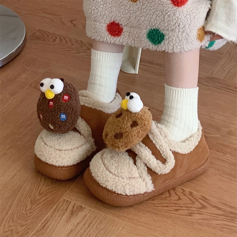 个性大眼曲奇饼干魔术贴棉鞋冬季网红时尚外穿百搭乐福豆豆鞋女