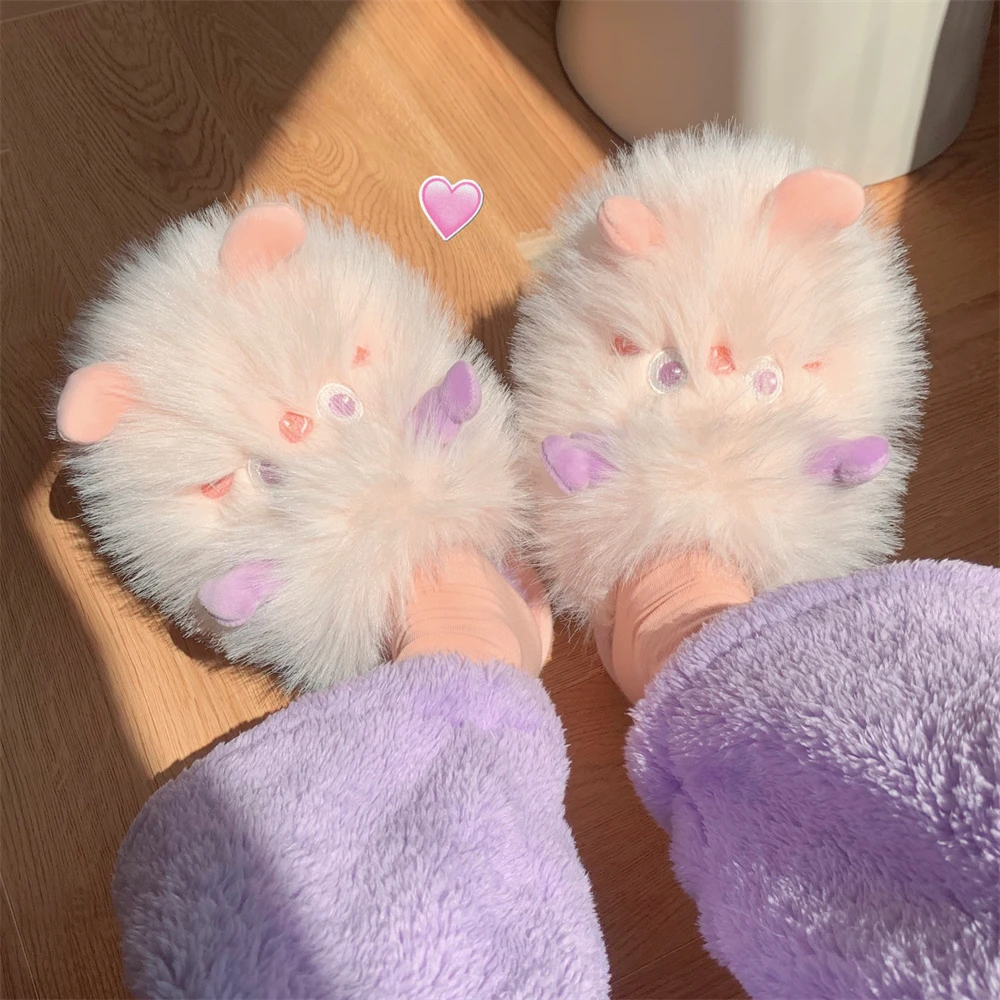 毛绒保暖时尚创意软萌可爱卡通小精灵棉拖鞋女秋冬居家防滑毛毛鞋