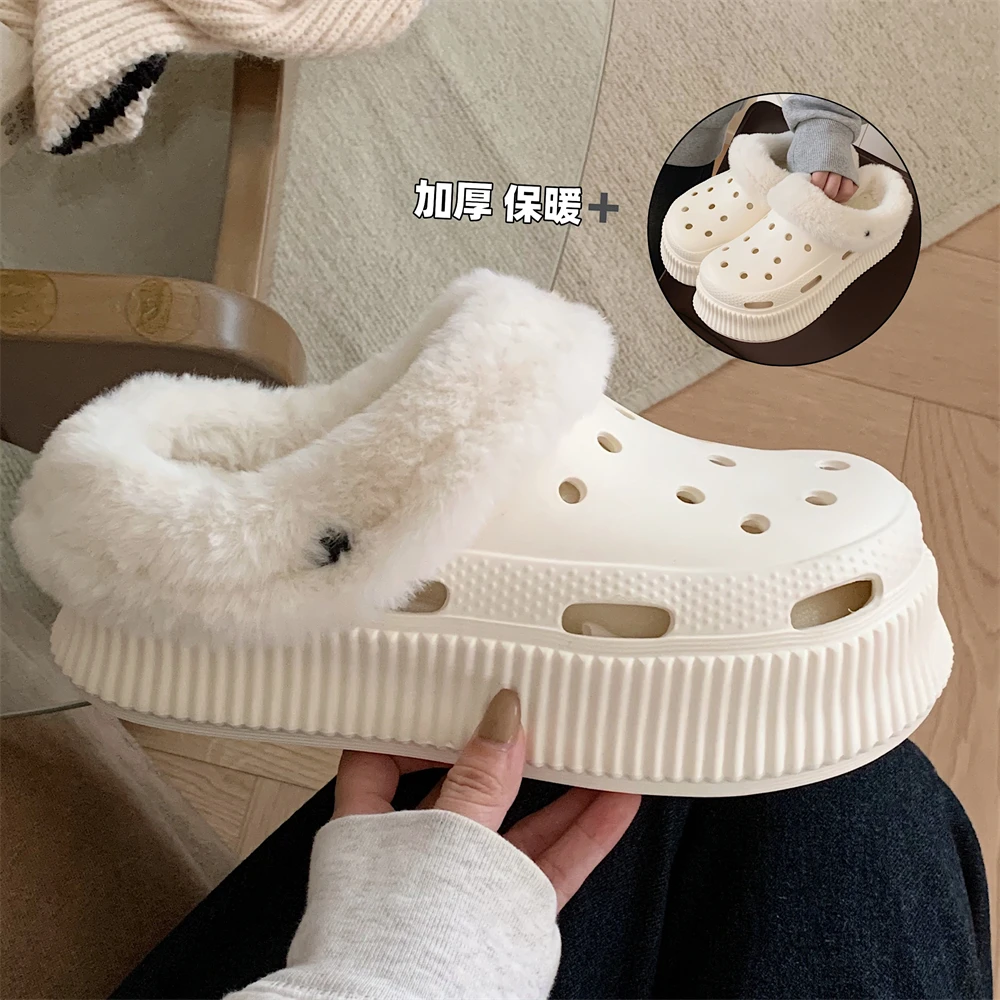 高级简约冬季女可拆卸百搭个性棉拖鞋懒人加绒舒适纯色ins洞洞鞋