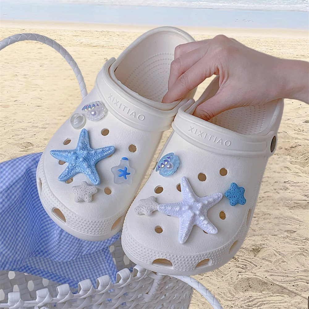 创意DIY蓝色海星贝壳洞洞鞋女士夏季新款海边度假风防滑沙滩凉拖