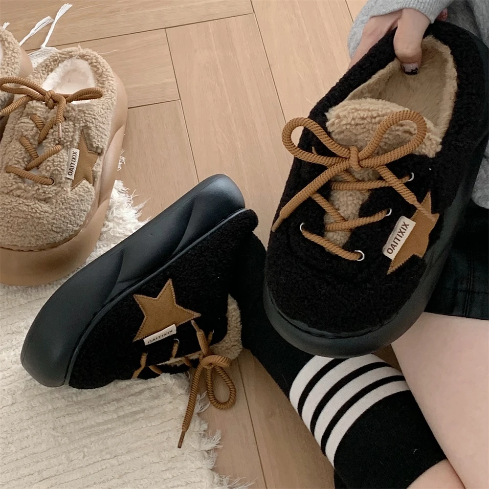户外运动风百搭保暖羊羔毛板鞋冬季防滑厚底时尚创意星星棉拖鞋女