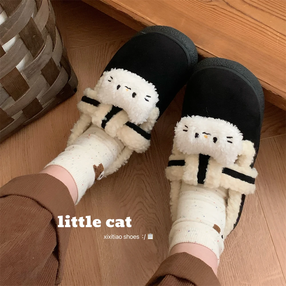 加绒秋冬舒适防滑居家棉鞋懒人网红小猫咪保暖复古拼色勃肯鞋女士