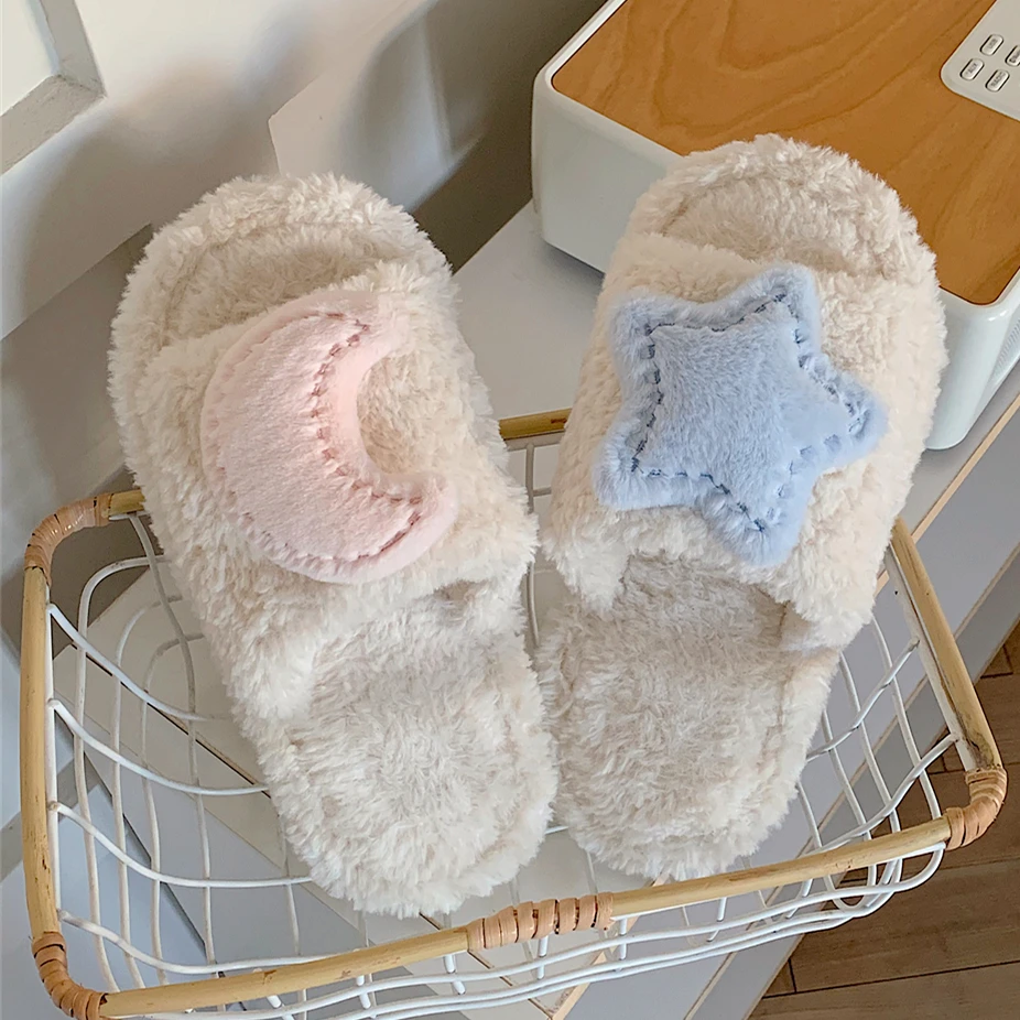 少女心甜美星星月亮毛毛女学生秋冬室内舒适防滑一字棉拖鞋ins