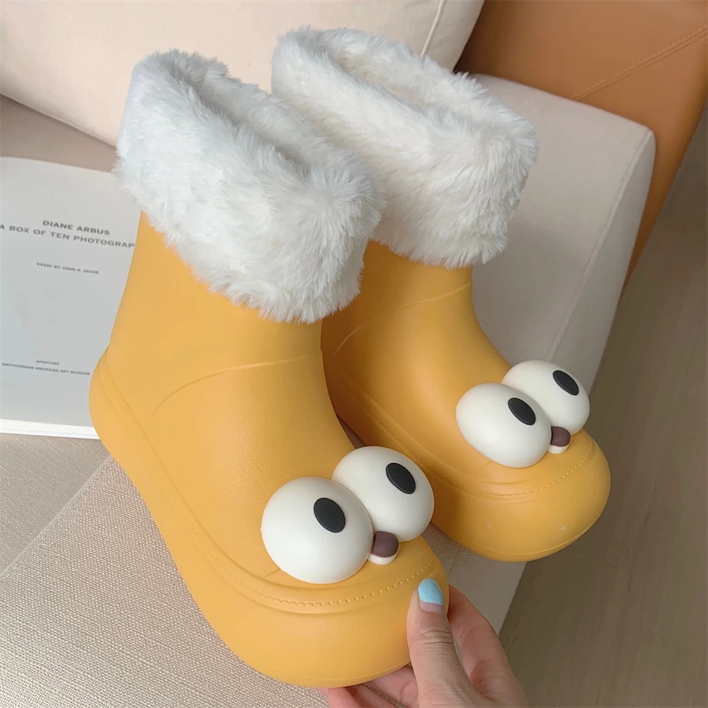 防滑防水冬季舒适百搭中筒靴女韩版创意卡通大眼仔保暖外穿雪地靴