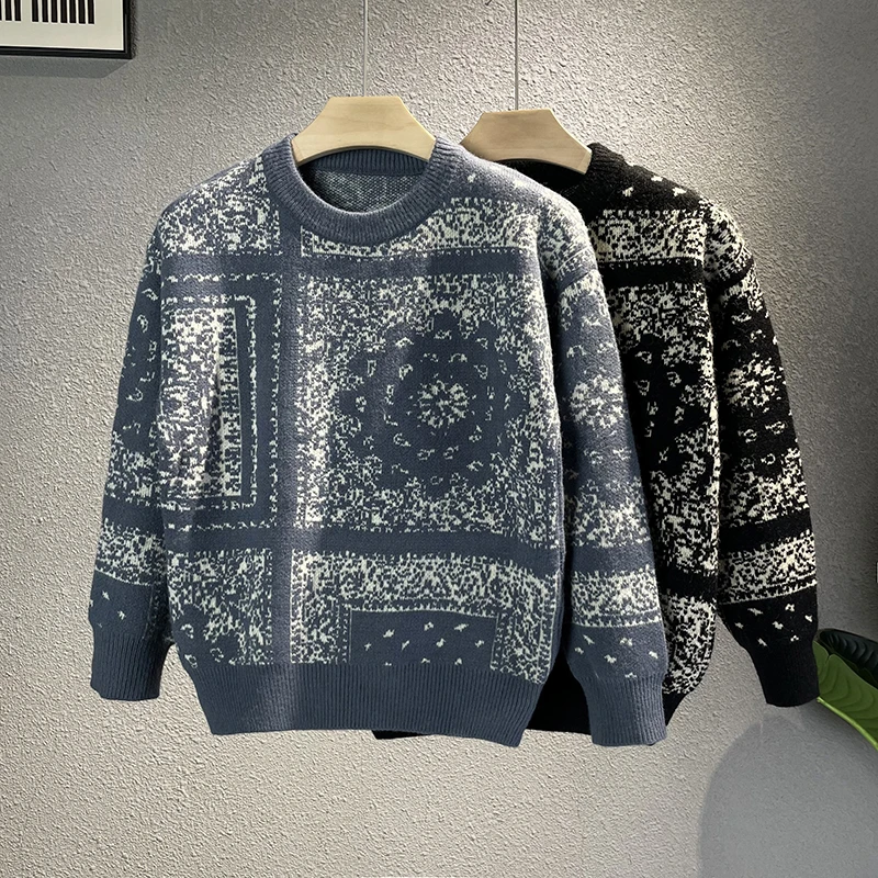 民族风提花毛衣男士秋冬季款高端圆领针织打底衫内搭打底线衫外套