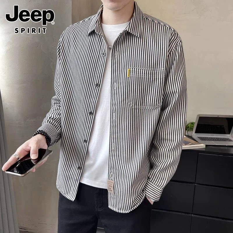 Jeep吉普条纹长袖衬衫外套男士春秋新款潮流韩版宽松百搭休闲衬衣